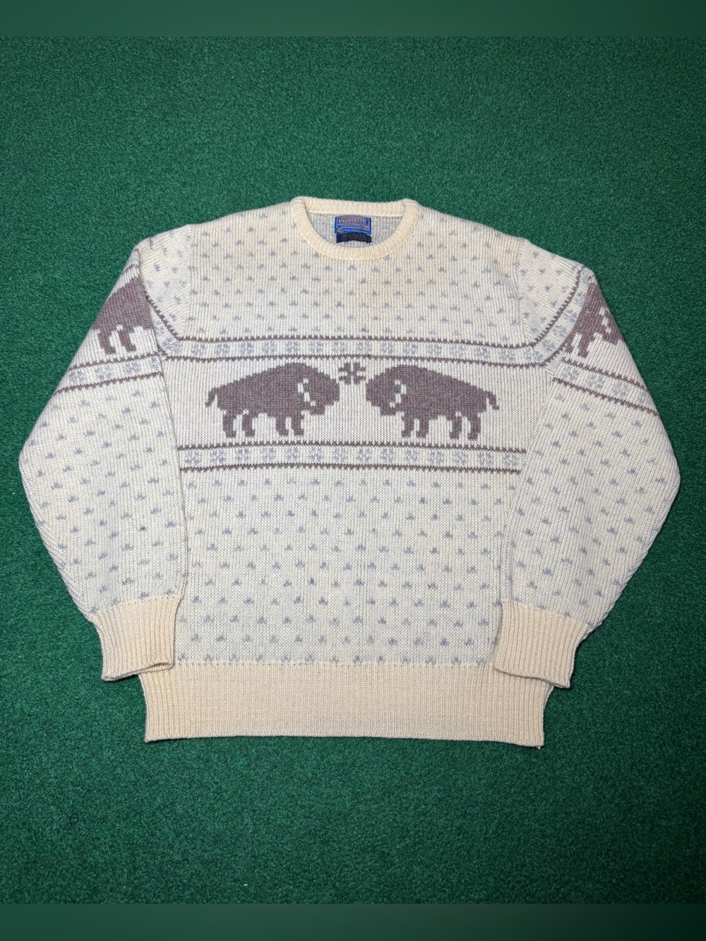 Pendleton Vintage Sweater Buffalo Bison Cowichan Birds Eye XL Knit Crewneck
